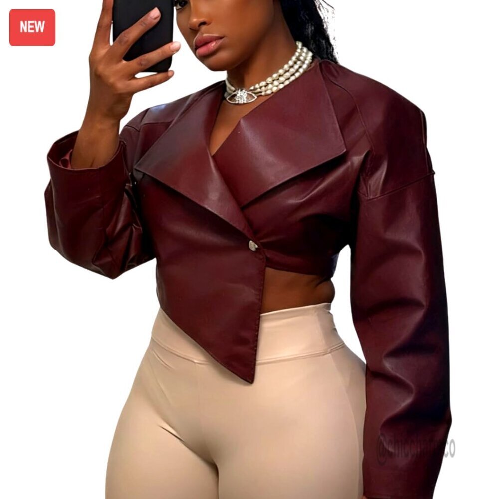 Cropped Faux Leather Jacket Streetwear Oversized Lapel Lightweight